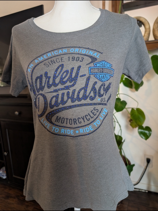 Harley-Davidson Tops - Harley-Davidson Gray Graphic Tee with Blue Logo W/Bling